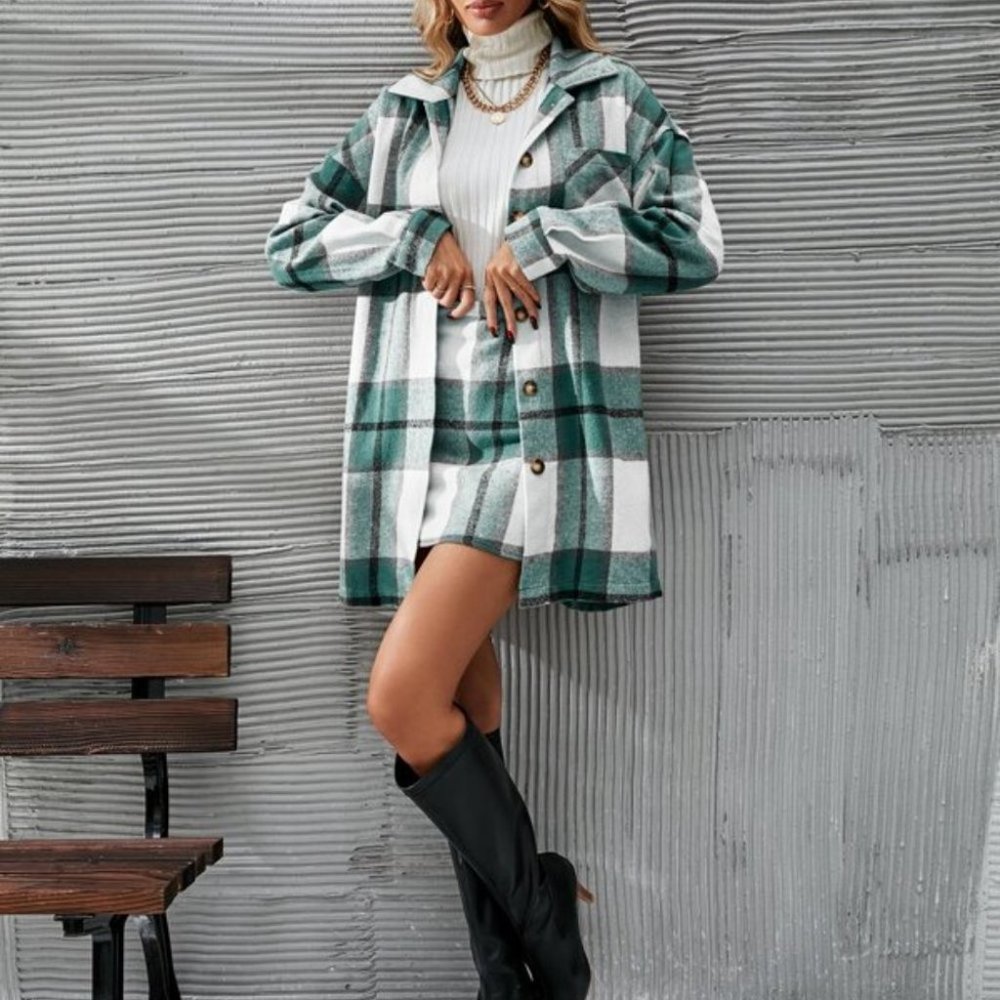 2 piece set Plaid Print Button Front Overcoat & Skirt - Picture 5 of 7